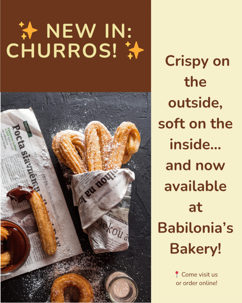 Seasonal churros promotion flyer from Babilonia’s Bakery in Vancouver.